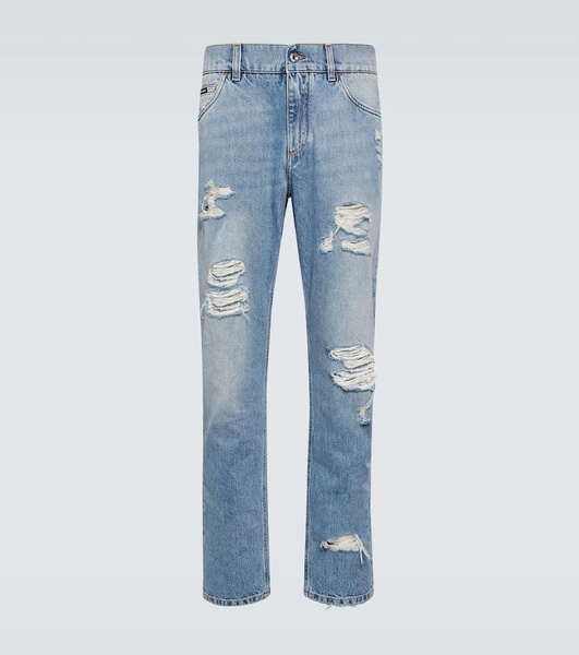 Distressed mid-rise straight jeans