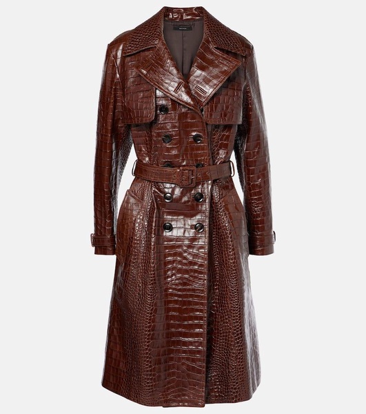 Croc-effect leather trench coat