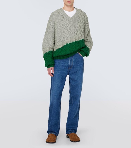 Colorblocked cable-knit wool sweater