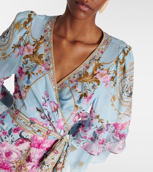 Embellished floral silk crêpe wrap dress