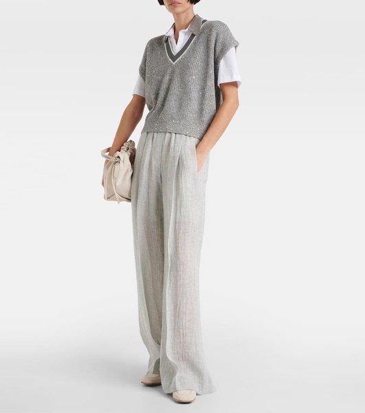 Low-rise linen-blend wide-leg sweatpants