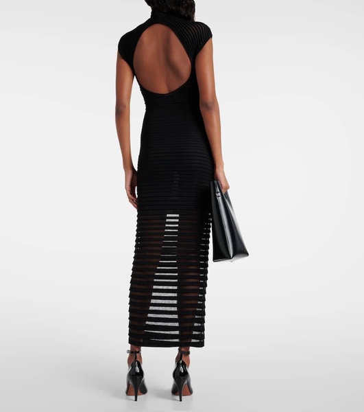 Striped crêpe-paneled gown