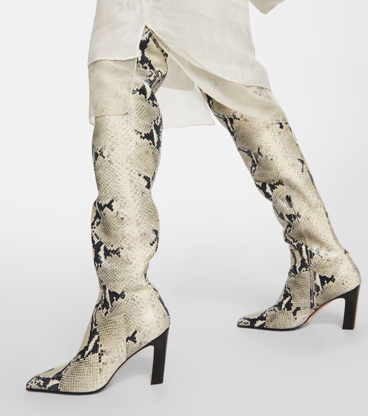 Snake-effect leather knee-high boots