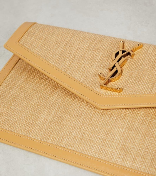 Uptown leather-trimmed raffia clutch