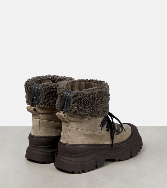 Shearling-trimmed suede combat boots