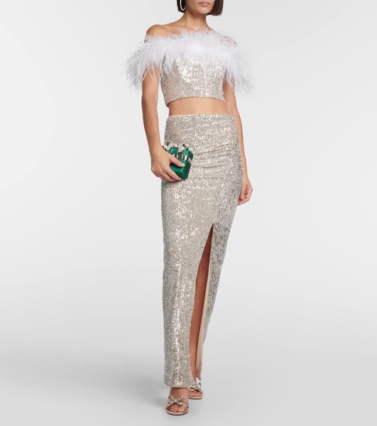 Sequined feather-trimmed crop top