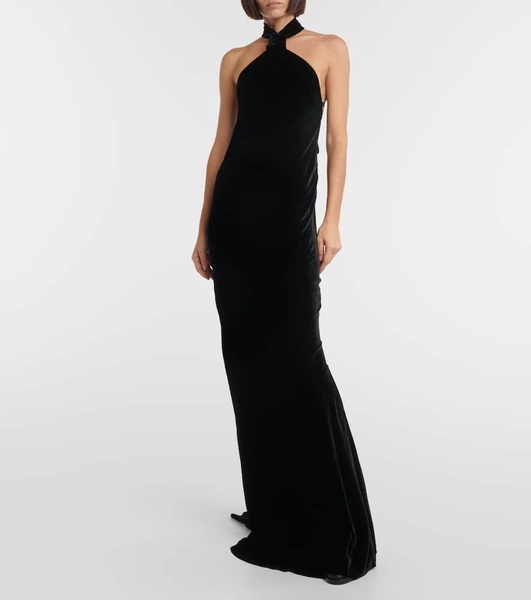 Halterneck velvet maxi dress