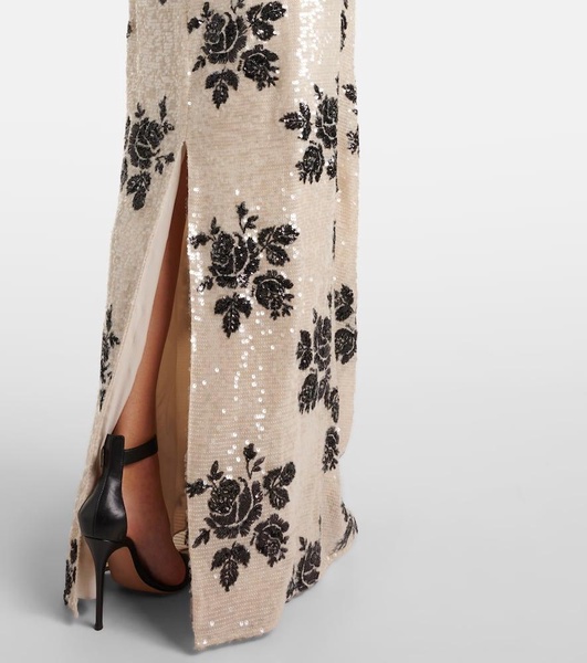 Sequined floral draped gown