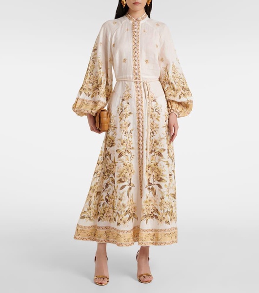 Golden printed linen buttoned midi dress