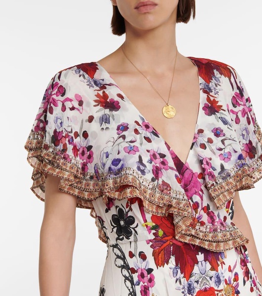 Floral ruffled silk wrap dress