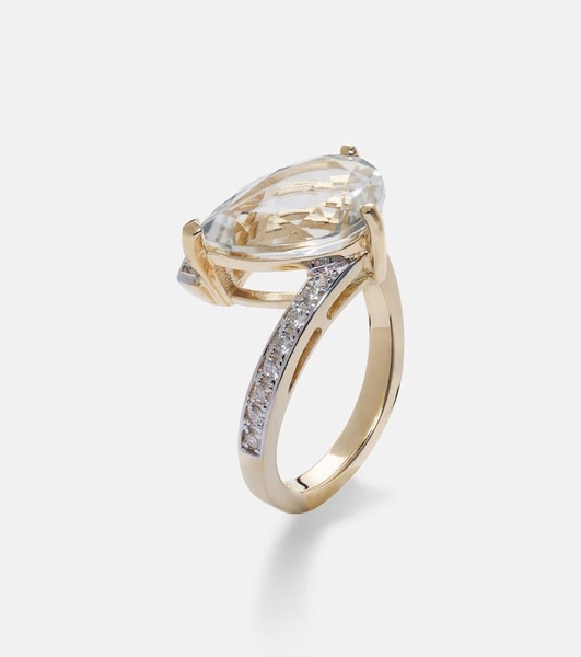 Slanted 14kt gold ring with topaz and diamonds