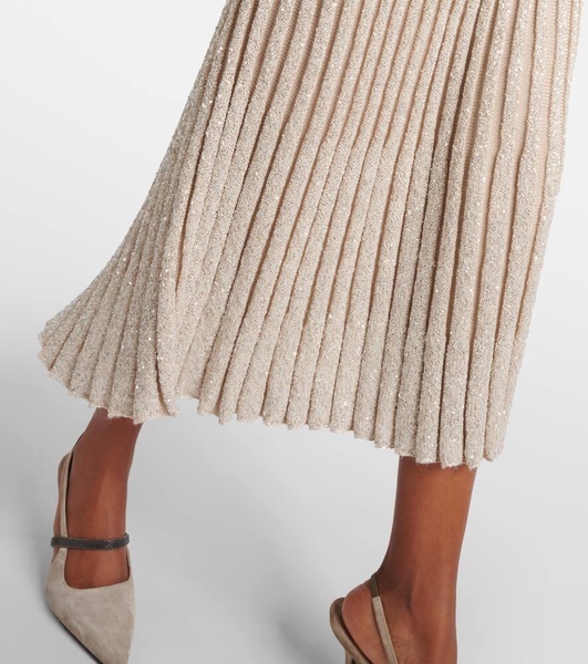 Embellished pleated knit midi skirt