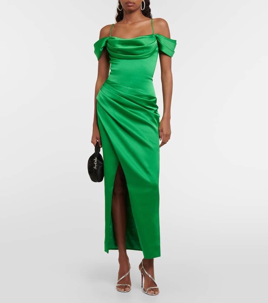 Draped off-shoulder satin midi dress