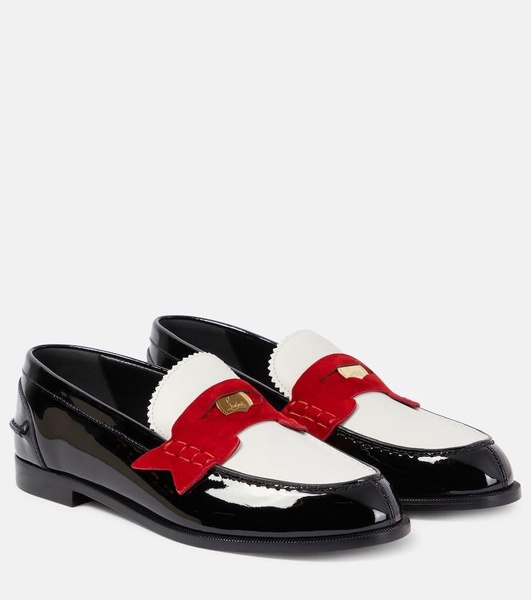 Penny suede-trimmed patent leather penny loafers