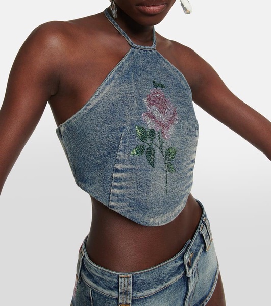 Embellished halterneck denim crop top