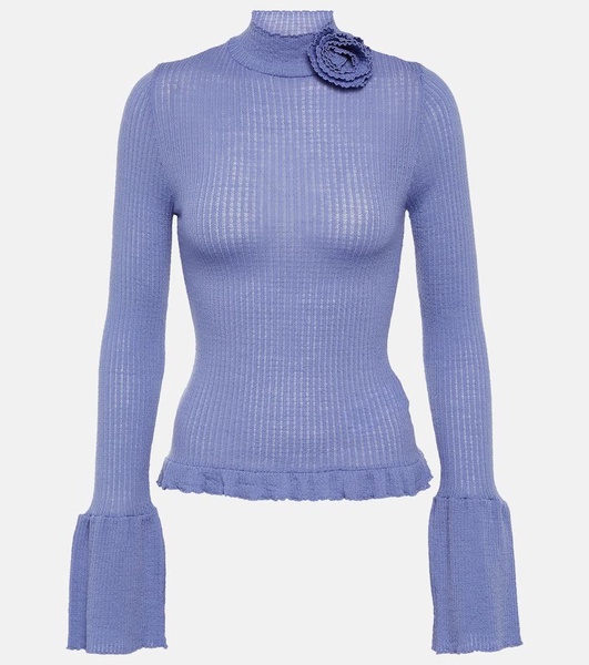 Ruffle-trimmed ribbed-knit wool sweater