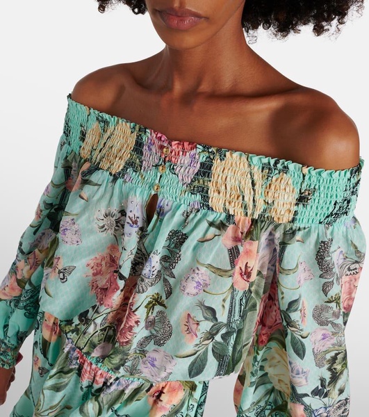 Floral off-shoulder silk minidress