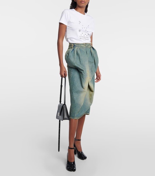 Pleated denim midi skirt