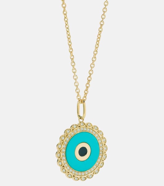 Large Evil Eye 14kt gold chain necklace with diamonds and turquoise