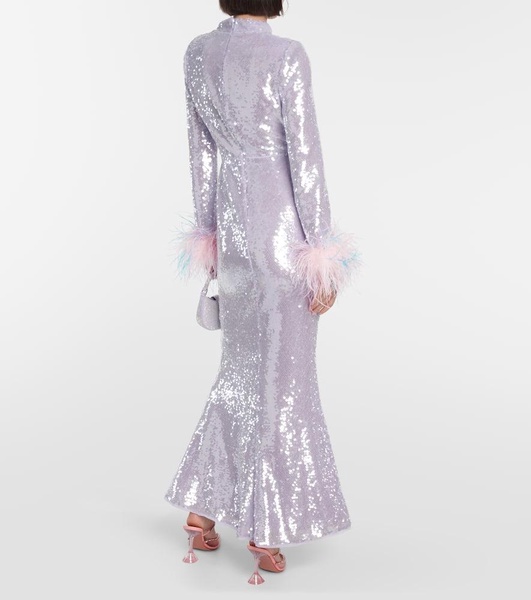 Feather-trimmed sequined gown