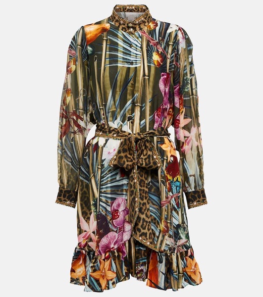 Floral embellished silk shirt dress