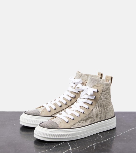 Leather-trimmed high-top sneakers