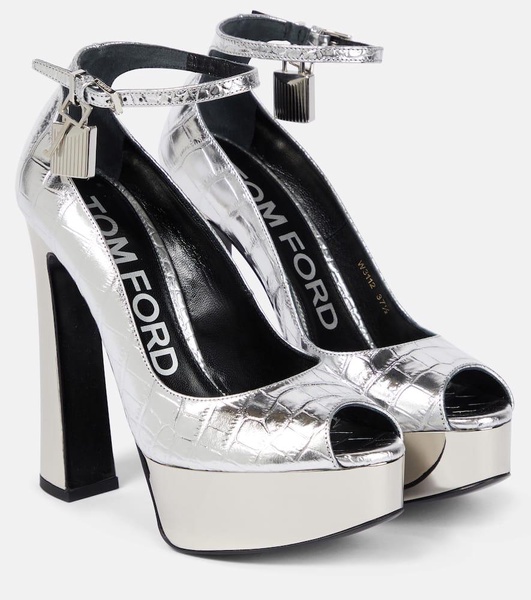 Metallic leather platform peep-toe pumps