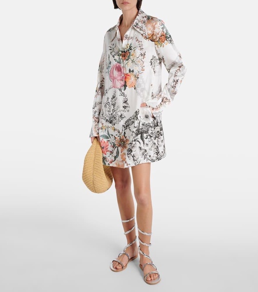 Floral silk satin shirt dress