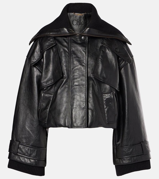 Cropped leather bomber jacket