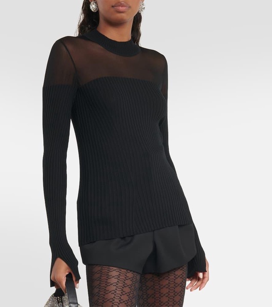 Contoured Ribs mesh-trimmed virgin wool top