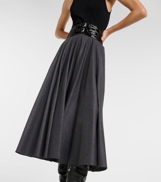 Belted high-rise virgin wool midi skirt