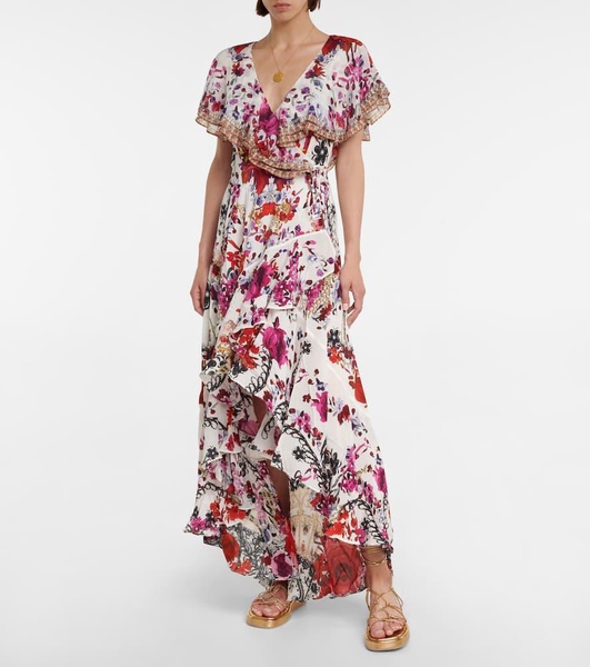 Floral ruffled silk wrap dress