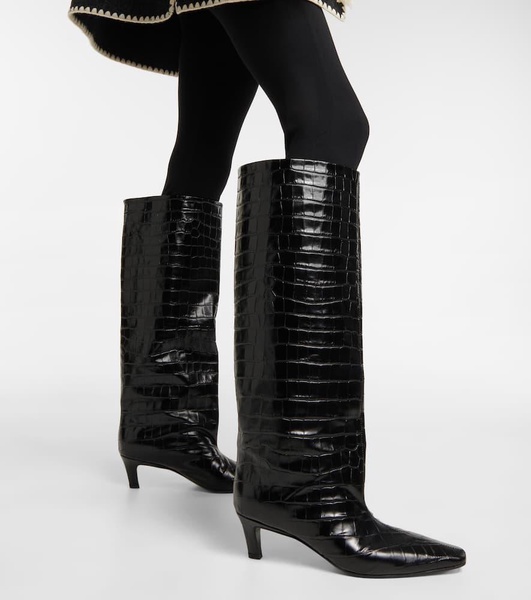 Croc-effect leather knee-high boots