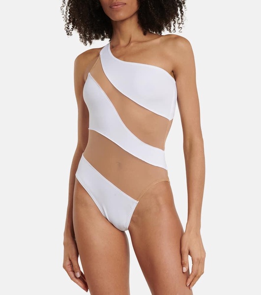 Mesh-paneled one-shoulder swimsuit