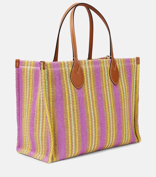 Striped leather-trimmed tote bag