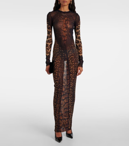 Leopard-printed mesh maxi dress