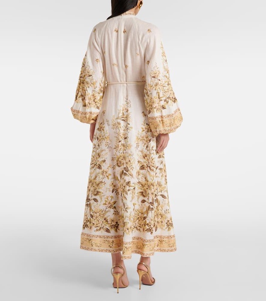 Golden printed linen buttoned midi dress