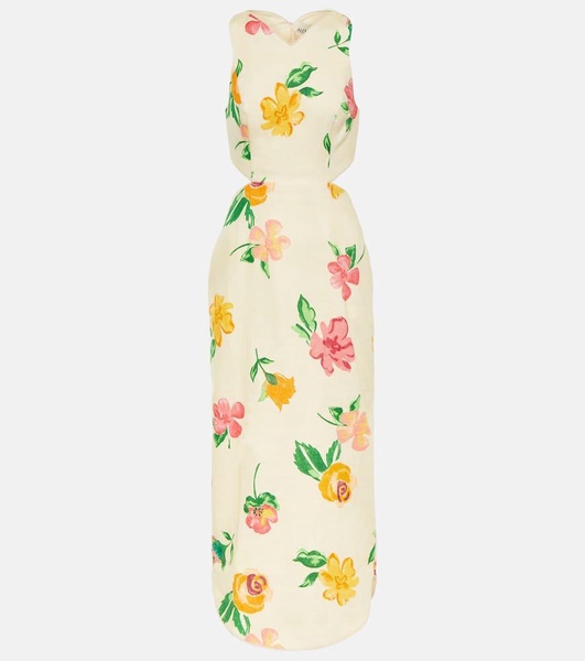 Cutout linen floral midi dress