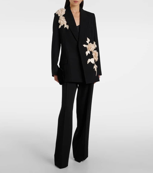 Floral-appliqué wool grain de powder jacket