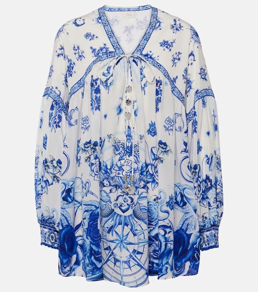 Printed tie-neck silk blouse