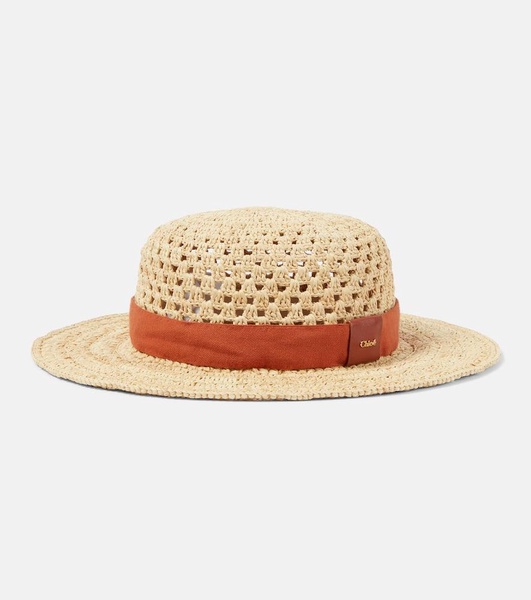 Leather-trimmed raffia hat