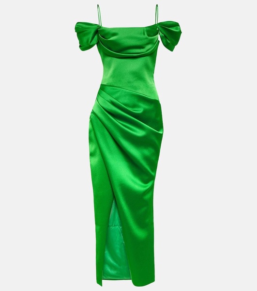 Draped off-shoulder satin midi dress