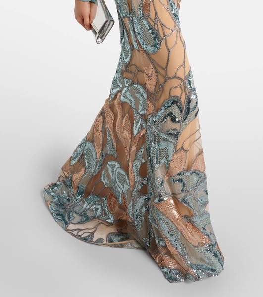 Embroidered silk-blend gown