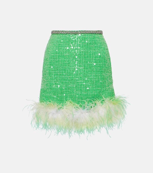 Feather-trimmed sequined bouclé miniskirt