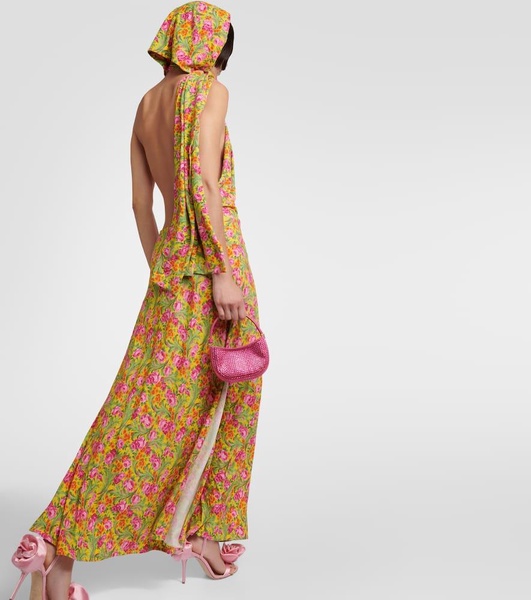 Floral-appliqué hooded maxi dress