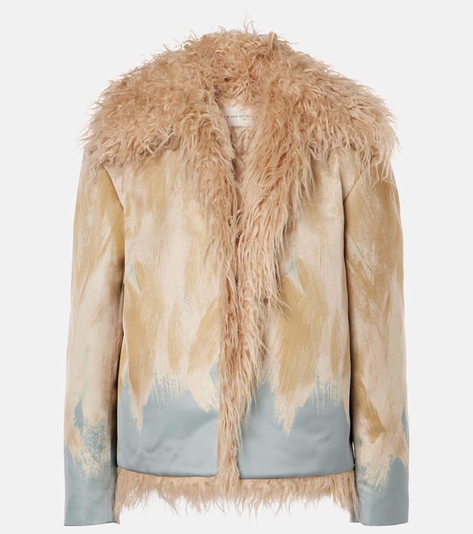 Printed faux fur-trimmed jacket