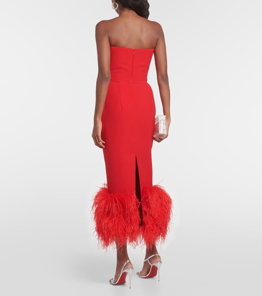 Feather-trimmed strapless crêpe midi dress