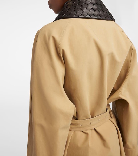 Leather-trimmed cotton-blend trench coat