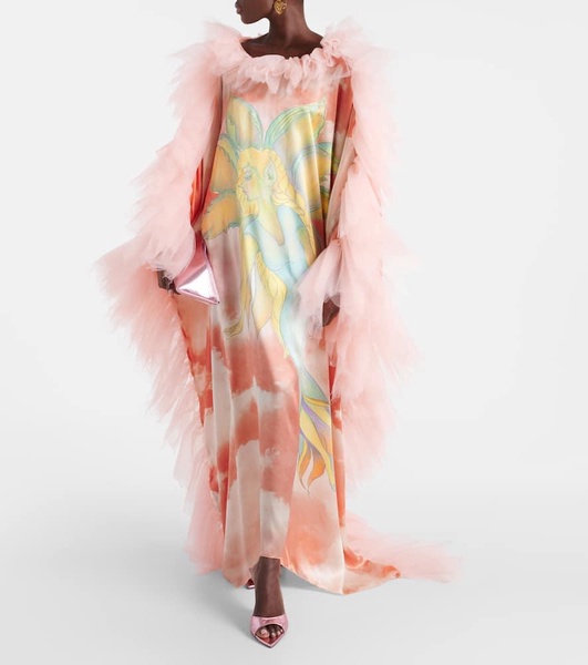 Printed tulle-trimmed silk kaftan