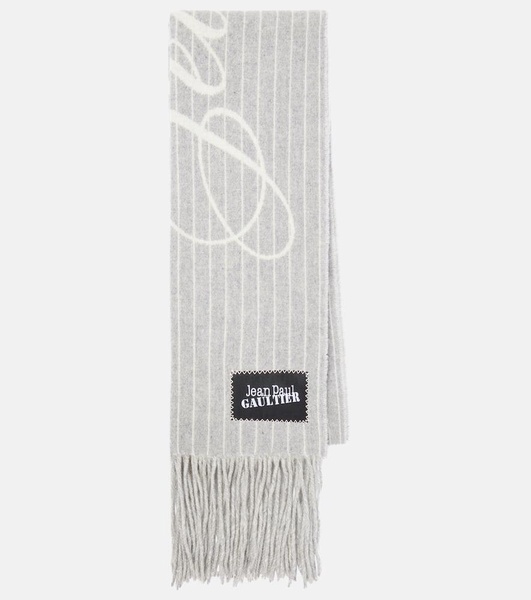 Logo pinstripe fringed wool scarf